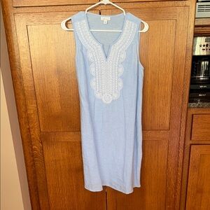 Light Blue Sleeveless Dress with White Embroidery